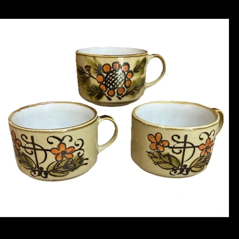 Vtg 70’s Fred Roberts Co. Mug Set Of 3 Stoneware Coffee Tea Hand Painted 10oz